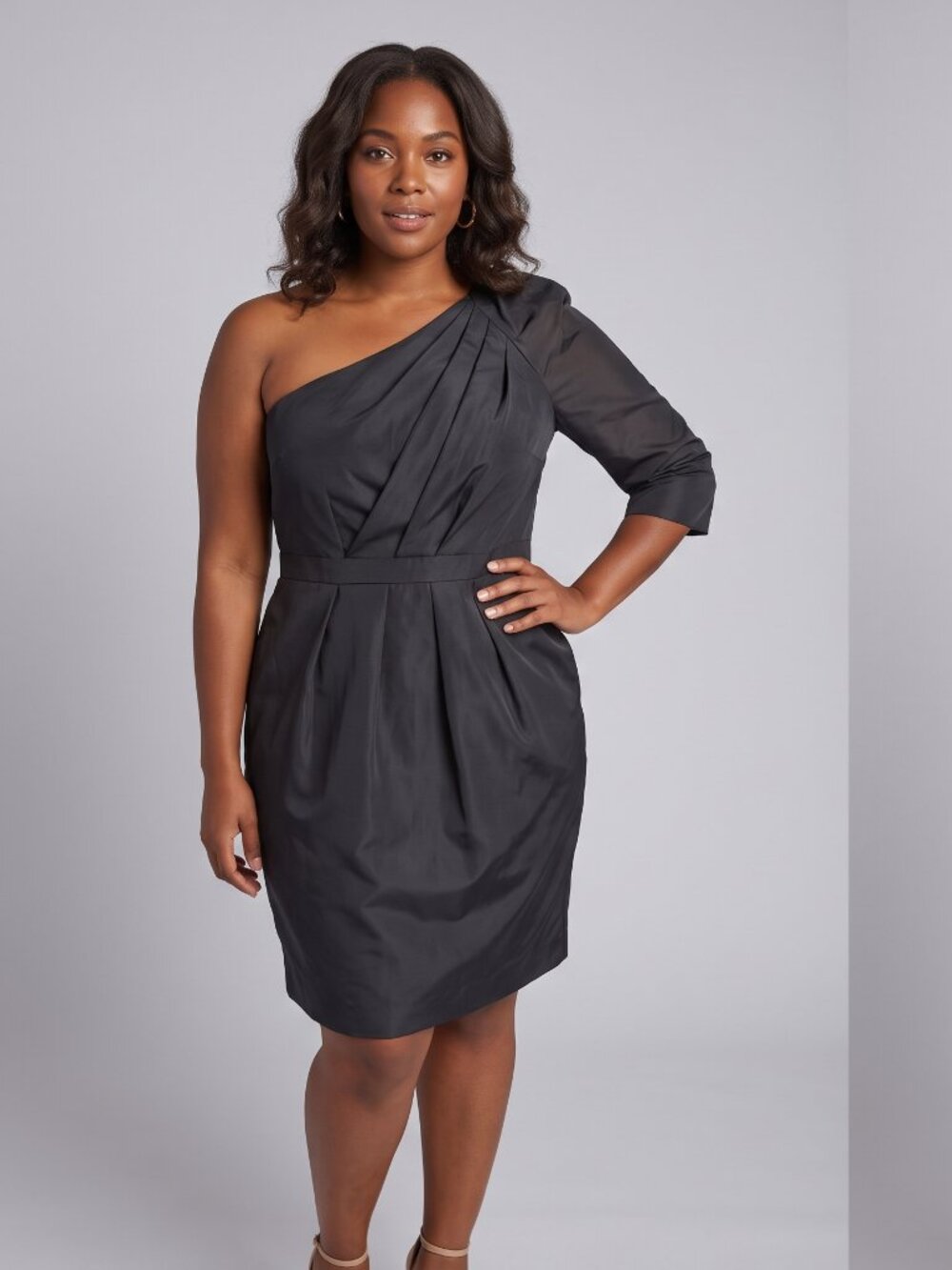 Club Monaco Black Silk Trim One Shoulder Dress Pleated Satin Waist Mini Dress, 6